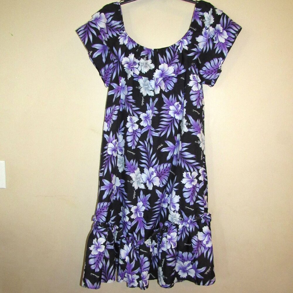 Vtg Made In Hawaii Black Purple Hawaiian Floral On or Off Shoulder Midi Dress M